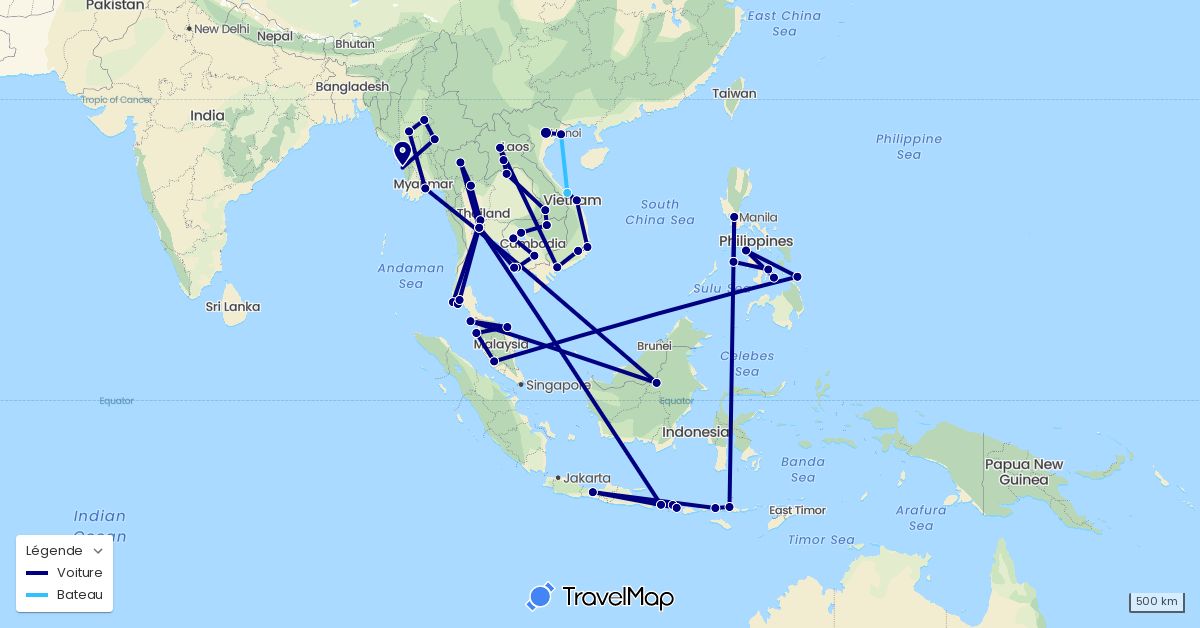 TravelMap itinerary: driving, boat in Indonesia, Cambodia, Laos, Myanmar (Burma), Malaysia, Philippines, Thailand, Vietnam (Asia)